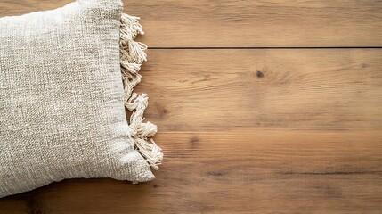 Aufkleber - Cozy Natural Texture of a Decorative Cushion on Rustic Wooden Surface for Home Interior Styling : Generative AI