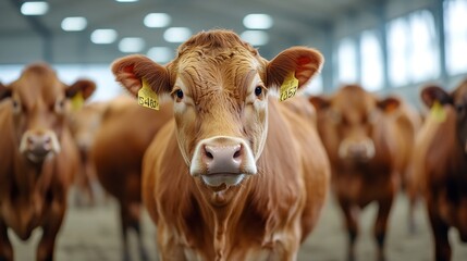Poster - Curious brown cow looking straight at the camera amidst a herd in a bright barn environment : Generative AI
