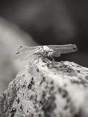 Poster - Elegant black and white close up of a dragonfly perched on a rock showcasing nature's details : Generative AI