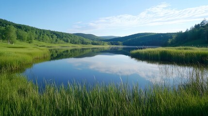 Poster - Tranquil landscape with a serene lake and lush greenery under a clear blue sky : Generative AI