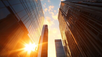 Poster - Stunning urban skyline view with modern glass buildings reflecting sunlight during golden hour : Generative AI