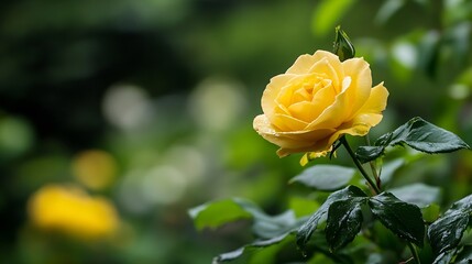 Poster - Stunning close up of a vibrant yellow rose blooming amidst lush green foliage in soft natural light : Generative AI