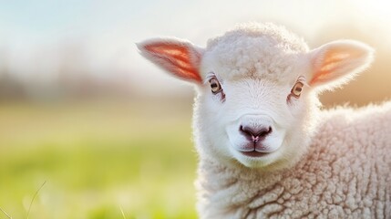 Aufkleber - Adorable young lamb with serene expression grazing in a green meadow during golden hour : Generative AI