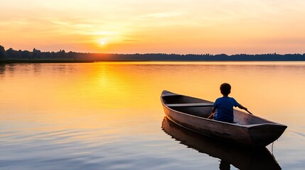 Poster - A tranquil scene of a young boy in a wooden boat on a calm lake at sunset : Generative AI