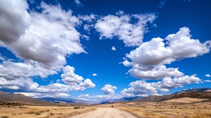 Poster - Wide open dirt road leading through a breathtaking landscape of blue skies and fluffy clouds enhancing natural beauty : Generative AI