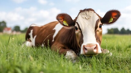 Poster - Adorable brown and white cow resting peacefully in lush green field under bright sky : Generative AI