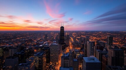 Poster - Stunning aerial view of a vibrant city skyline illuminated by sunset lights against a colorful sky : Generative AI