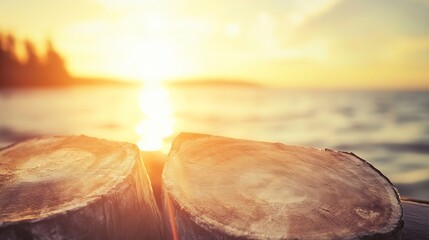 Poster - Golden Sunset Over the Calm Water with Close Up of Timber Logs in Background : Generative AI