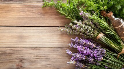 Poster - Freshly cut herbs and lavender flowers with a glass bottle on rustic wooden table : Generative AI