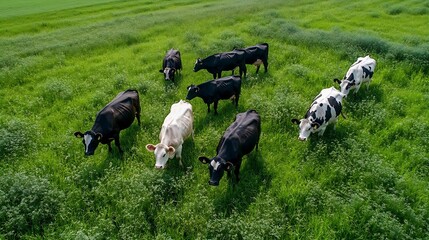Poster - Aerial View of Cows Grazing in a Lush Green Pasture on a Bright Sunny Day : Generative AI