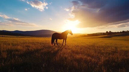 Poster - Majestic Horse Silhouetted Against a Golden Sunset Over Rolling Fields : Generative AI