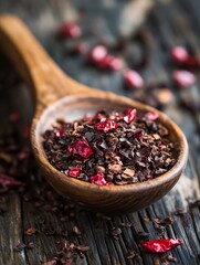 Aufkleber - A wooden spoon filled with dried red pepper flakes showcasing rich textures and colors on a rustic wooden table : Generative AI