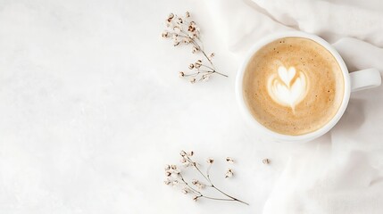 Aufkleber - Aesthetic coffee cup with latte art beside dried flowers on soft linen for a cozy morning vibe : Generative AI