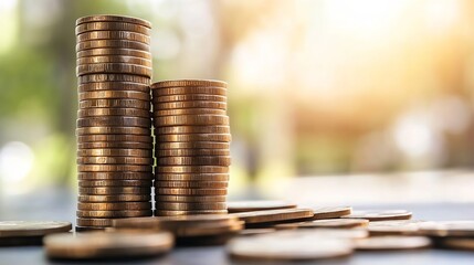 Fototapete - Stacks of shiny coins in a sunlit setting symbolizing wealth and financial growth : Generative AI