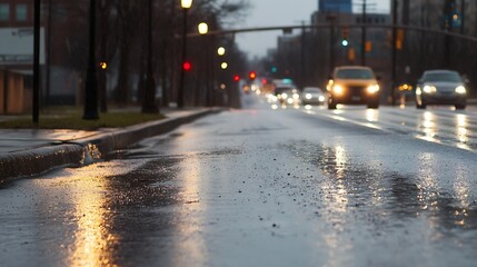 Poster - Reflective Wet Street After Rainfall with Cars Driving Under City Lights : Generative AI