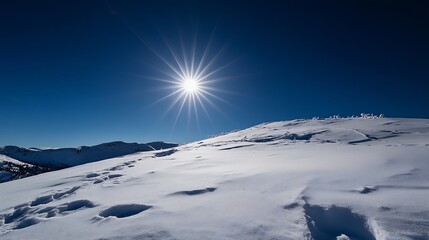 Poster - Bright Sun Shining Over Vast Expanse of Snow Covered Ground with Clear Blue Sky Above : Generative AI