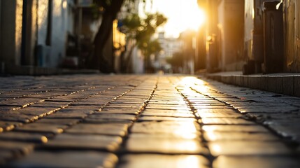 Aufkleber - Scenic view of cobblestone street illuminated by golden sunlight and lined with charming buildings : Generative AI
