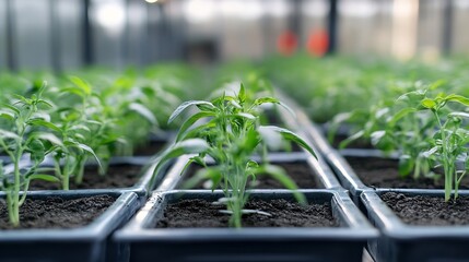 Poster - Vibrant green seedlings growing in rows inside a greenhouse ready for planting in soil : Generative AI