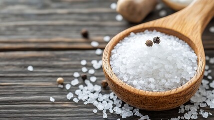 Poster - Wooden spoon filled with gourmet sea salt and peppercorns on rustic kitchen table : Generative AI