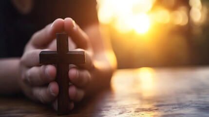 Poster - Person Holding a Wooden Cross in Prayer at Sunset with Soft Natural Light : Generative AI
