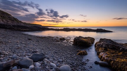 Poster - Scenic coastal view at sunset with rocky shoreline and calm waters reflecting the sky : Generative AI