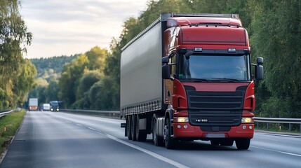 Poster - Large Red Delivery Truck Traveling on a Scenic Highway Surrounded by Nature : Generative AI