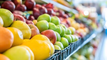 Poster - Vibrant Assortment of Fresh Fruits Displayed on Supermarket Shelves with Colorful Variety : Generative AI