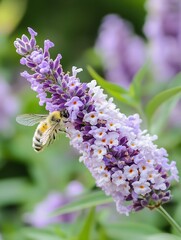 Poster - Detailed closeup of a honey bee collecting nectar from vibrant purple flowers in spring : Generative AI