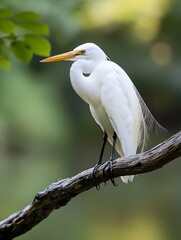 Poster - Elegant great egret perched on a branch in a blurred natural setting with vibrant colors : Generative AI