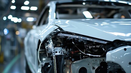 Leinwandbilder - Close up of car manufacturing assembly with focus on unfinished vehicle parts : Generative AI