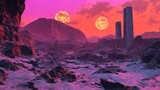 Un paisaje alienígena con dos lunas brillantes sobre ruinas en tonos rosa y violeta.