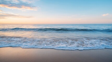 Poster - Tranquil sunset over calm sea waves reflecting beautiful hues and serene shoreline : Generative AI