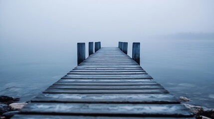 Aufkleber - Misty Morning Scene at a Wooden Pier Stretching into Calm Waters in Gentle Fog : Generative AI