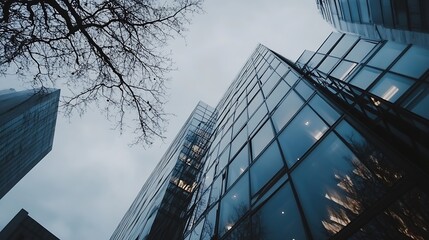 Aufkleber - Dramatic perspective of modern glass buildings under moody cloudy sky : Generative AI