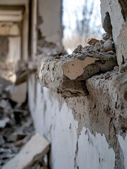 Leinwandbilder - Detailed close up view of a weathered concrete wall with rubble highlighting abandonment and decay : Generative AI