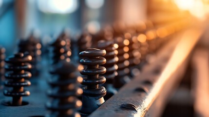 Fototapete - Artistic closeup of industrial springs and metal components lit by warm sunlight : Generative AI