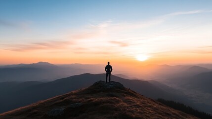 Poster - Person standing on a mountain peak during sunset overlooking scenic valleys and hills : Generative AI