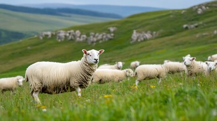 Poster - Fluffy white sheep grazing peacefully on lush green grass in a serene rolling hillside landscape : Generative AI