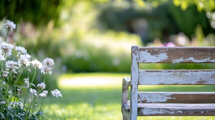 Aufkleber - Charming rustic wooden bench surrounded by vibrant flowers in a serene garden setting : Generative AI