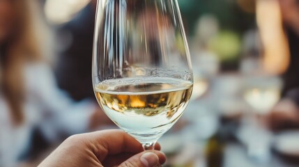 Poster - Elegant wine glass held by hand showcasing a refreshing drink and blurred background : Generative AI