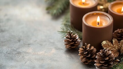 Leinwandbilder - Stylish arrangement of brown candles surrounded by pine cones and greenery creating a cozy atmosphere : Generative AI