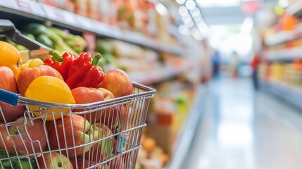 Poster - Shopping cart filled with fresh fruits and vegetables inside a bright supermarket aisle : Generative AI