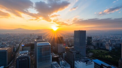 Poster - Stunning sunset over a vibrant city skyline illuminating buildings and creating a picturesque urban landscape : Generative AI