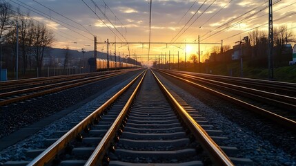 Aufkleber - Scenic railway tracks leading into a sunset with reflecting clouds and golden light : Generative AI