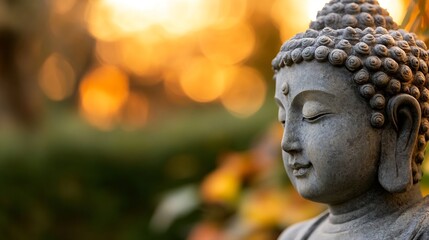 Poster - Serene closeup of a Buddha statue surrounded by a blurred green garden backdrop : Generative AI