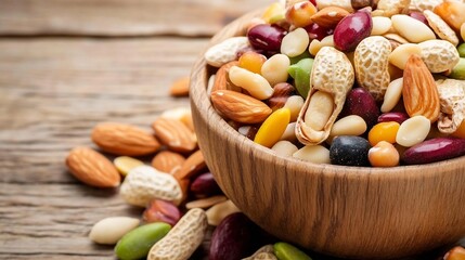 Poster - Delicious assortment of nuts and seeds displayed in a rustic wooden bowl on a table : Generative AI