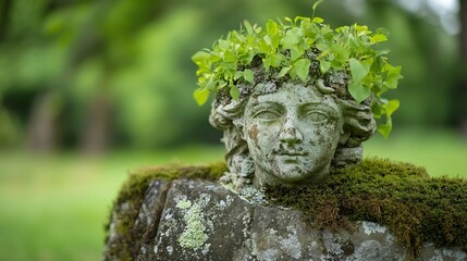Aufkleber - Ancient stone sculpture of a serene face adorned with green vines and plants symbolizing nature's beauty : Generative AI
