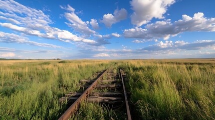 Poster - Tranquil countryside view of abandoned railway tracks cutting through green fields and blue skies : Generative AI