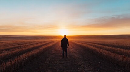 Aufkleber - Silhouette of a person standing in a golden field at sunset with vast landscape stretching out to the horizon : Generative AI