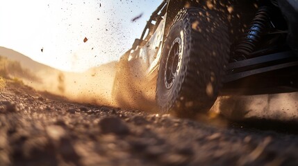 Poster - Dynamic off road car kicking up dust during a thrilling outdoor adventure at sunset : Generative AI